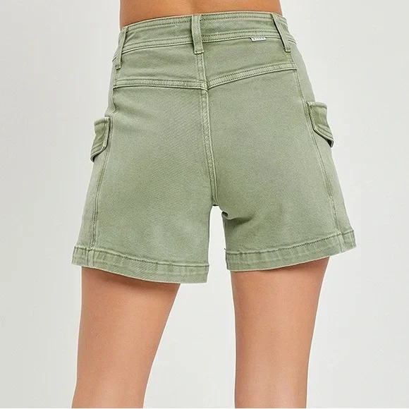 Risen High-Rise Olive Green Cargo Denim Shorts - Picture 2 of 3